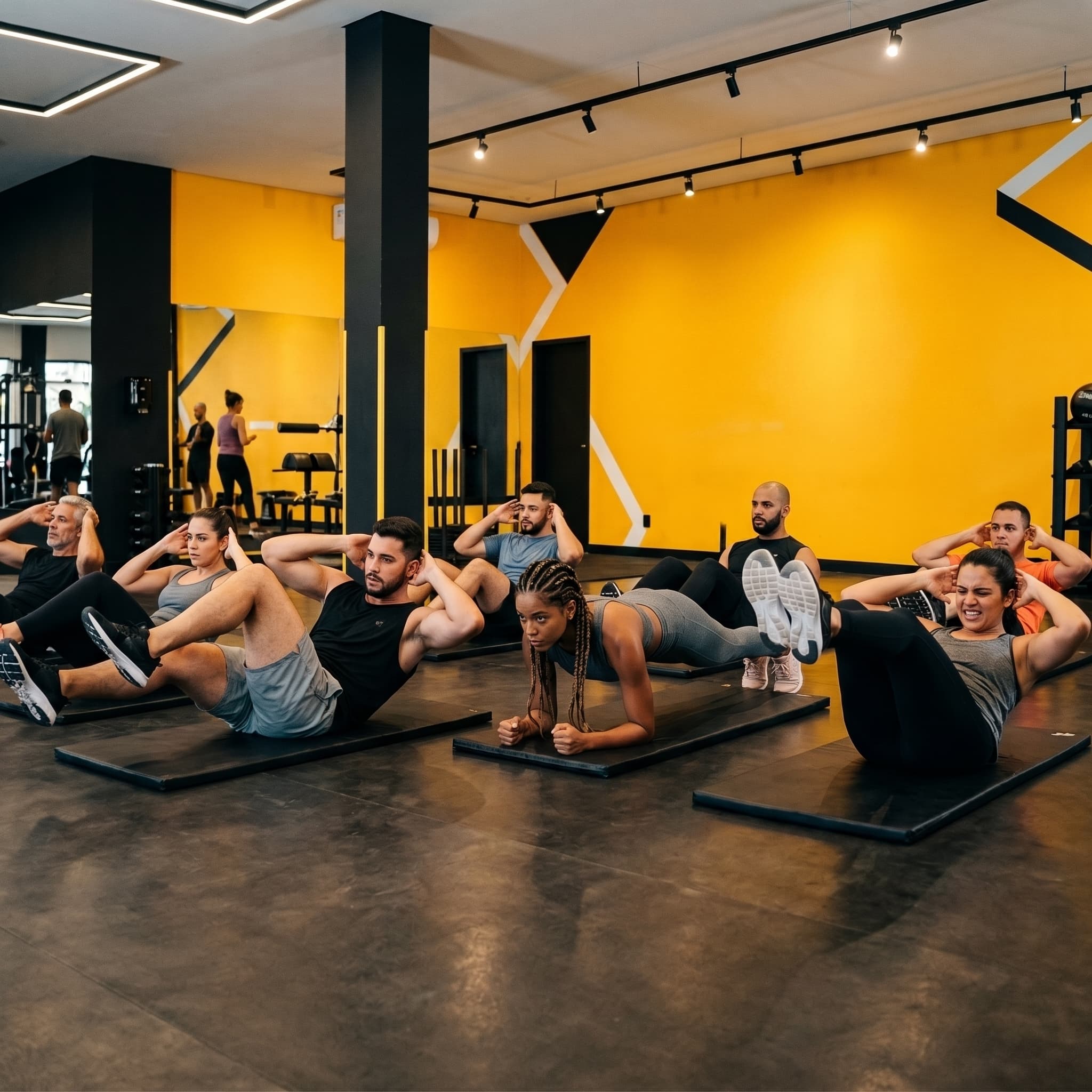Turma fazendo treino de abdominal em colchonetes na Academia Versátil