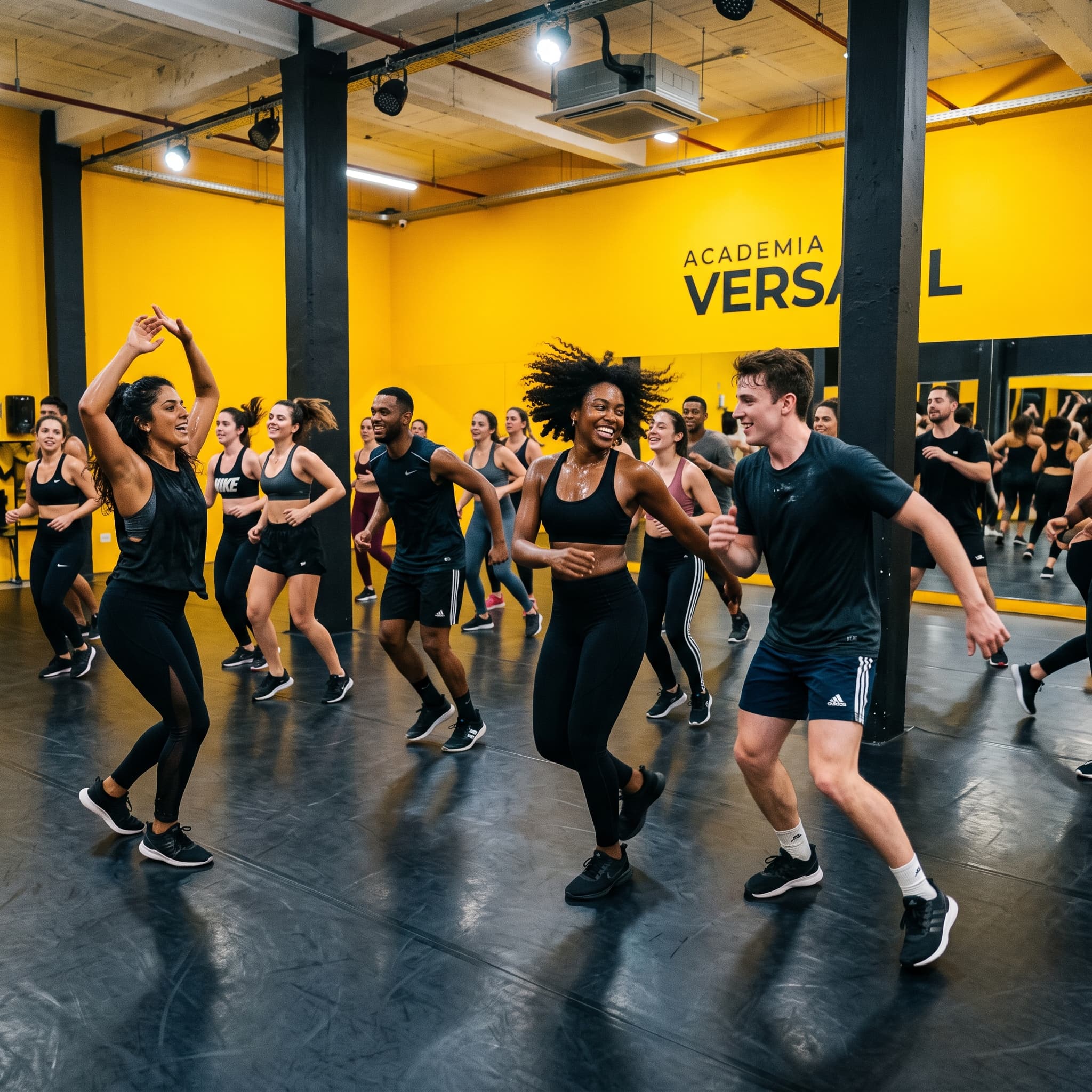 Aula de dança animada em grupo na Academia Versátil