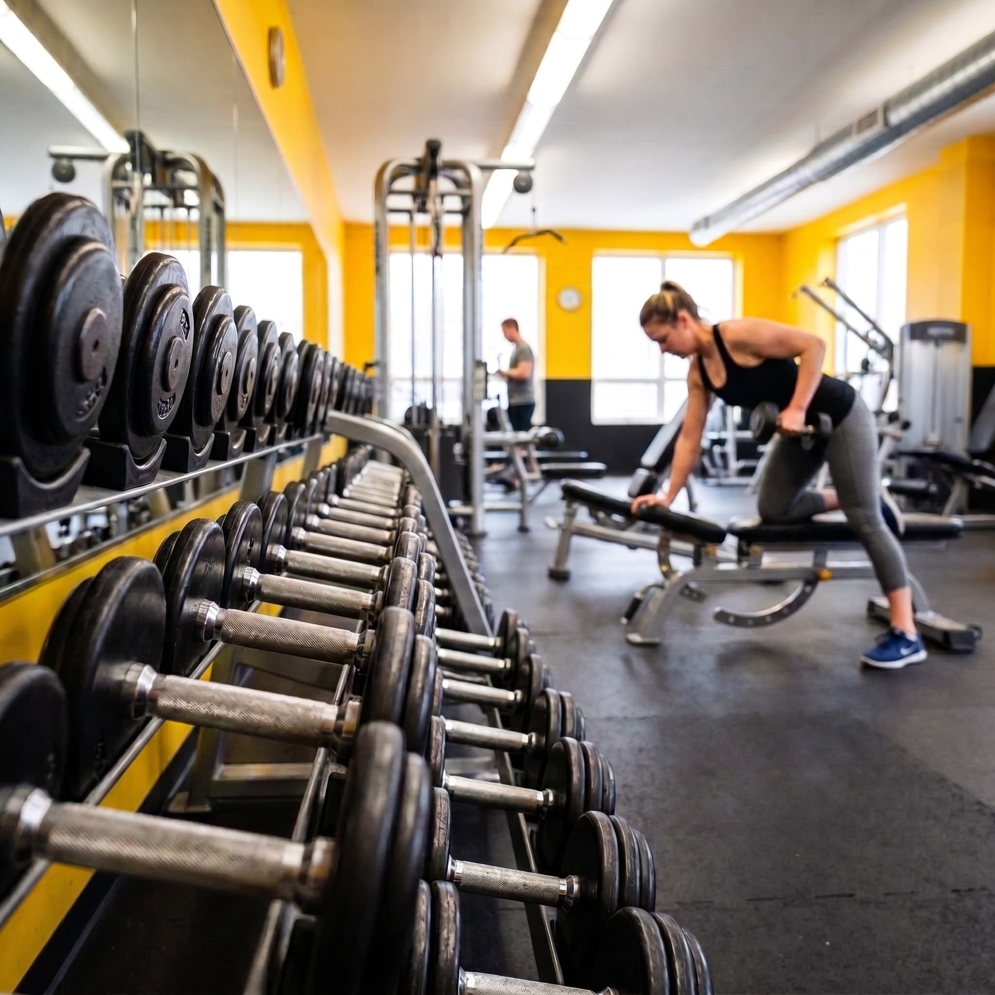 Aluna treinando com halteres na sala de musculação da Academia Versátil